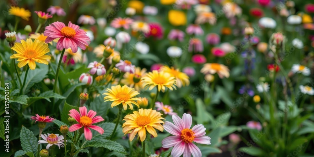 Vibrant and Colorful Flower Garden Filled with Various Blooms in Full Bloom Showcasing Nature's Beauty and Diversity in a Sunny Outdoor Environment Vibrant and Colorful Flower Garden Filled with Various Blooms in Full Bloom Showcasing Nature's Beauty and Diversity in a Sunny Outdoor Environment