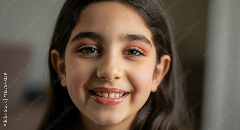 Joyful expression of a young caucasian girl with long dark hair in natural light Joyful expression of a young caucasian girl with long dark hair in natural light