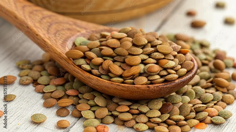 An image focusing on a handful of lentils spilling out of a wooden s showcasing their round earthy shapes and muted colors emphasizing their health benefits.