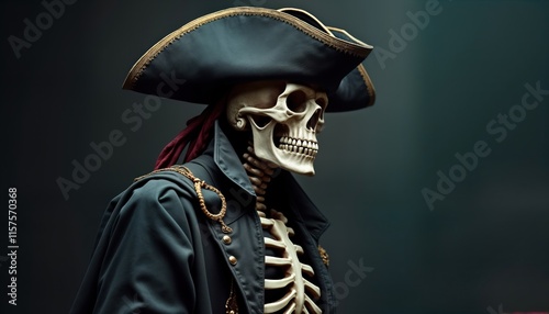 Skeletal pirate captain in dark coat, pirate hat. Grim expression, determined stare. Gold trim, red bandana. Dark background with stark contrast. Maritime costume. Halloween theme. Undead warrior. photo