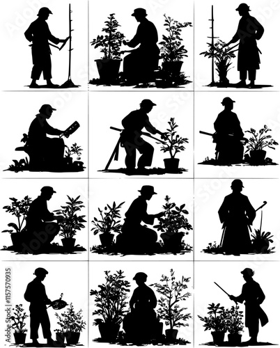 Bonsai growing. Bonsai artist caring, pruning and trimming bonsai tree. Traditional gardening hobby. Oriental bonsai tree. Flat vector silhouettes.