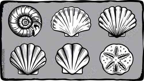 Seashells Ammonite Sand Dollar Black White Illustration