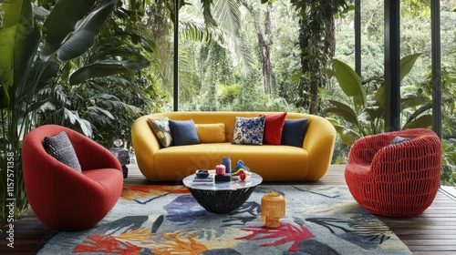 Bright Modern Living Room with Tropical Plants and Artistic Decor
