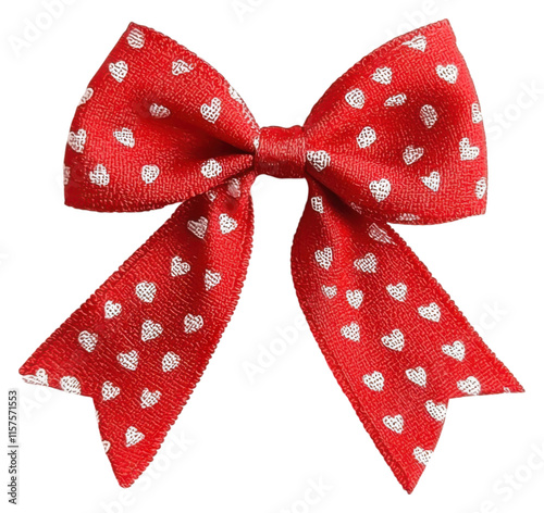 PNG A vibrant red bow with white hearts, featuring two long, trailing ribbons.