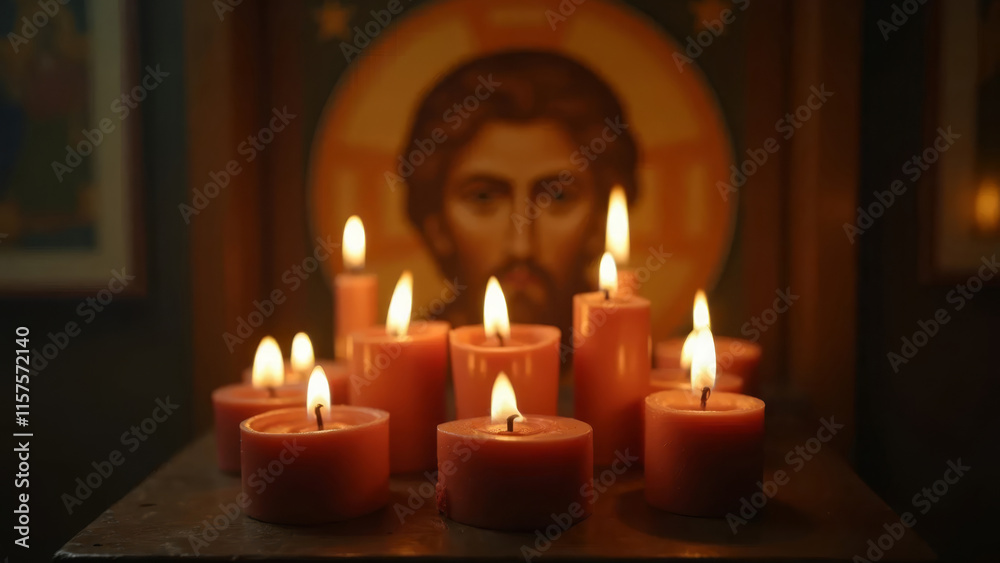Burning wax candles on the background of the icon in the church. Religion concept. Burning wax candles on the background of the icon in the church. Religion concept.