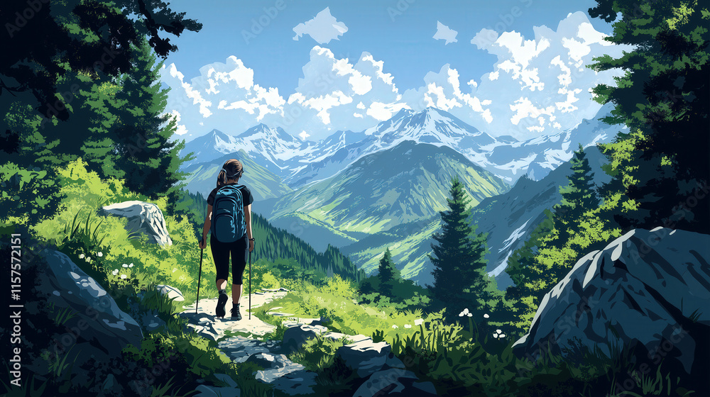 Fototapeta premium Professional female hiker in the mountains, outdoor trekking in the mountains, hiking in the valley and forest, minimalist flat illustration, vector art poster, hiking poster, ultra-high resolution