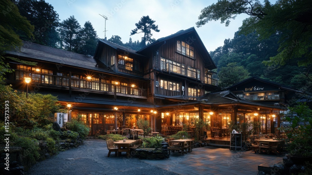 Charming traditional Japanese inn with illuminated exterior at dusk Charming traditional Japanese inn with illuminated exterior at dusk