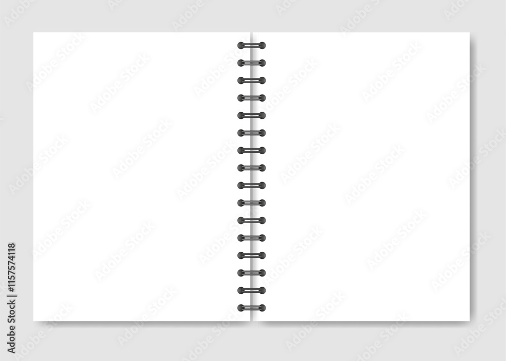 Mockup of a white notebook with spiral. Shiny metal binder clip. Mockup of a small book, diary, notepad. Open copybook, white sheets of paper with black binder. A5 format Mockup of a white notebook with spiral. Shiny metal binder clip. Mockup of a small book, diary, notepad. Open copybook, white sheets of paper with black binder. A5 format