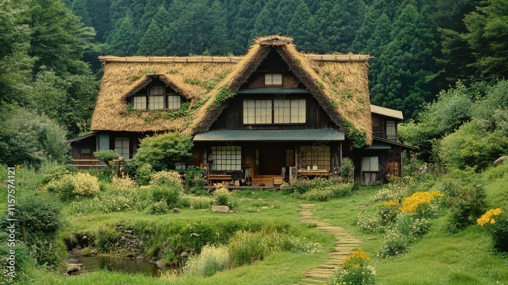 Traditional Japanese House Surrounded by Lush Greenery and Flowers Traditional Japanese House Surrounded by Lush Greenery and Flowers