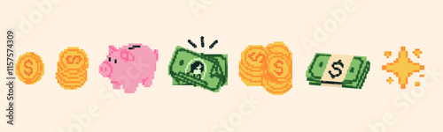 Money icons set. Cash, coins stack, paper money, dollar, piggy bank. Pixel Art, 8 bit, retro video game style. Hand drawn modern Vector illustration. Deposit, investment, currency, profit concept