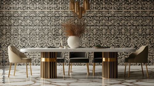 Elegant Modern Dining Room with Stylish Decor and Unique Wallpaper