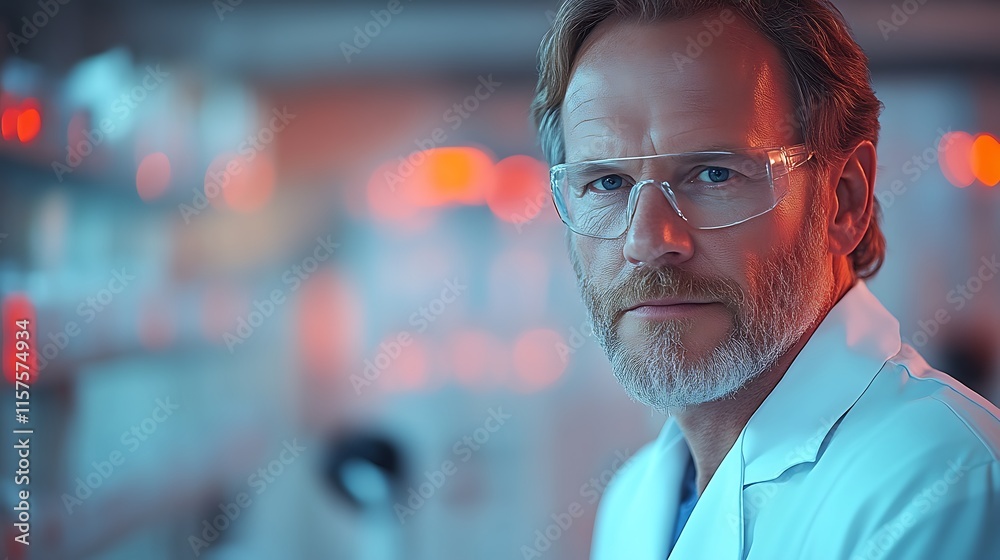 Mature Scientist Wearing Safety Glasses in a Lab Mature Scientist Wearing Safety Glasses in a Lab