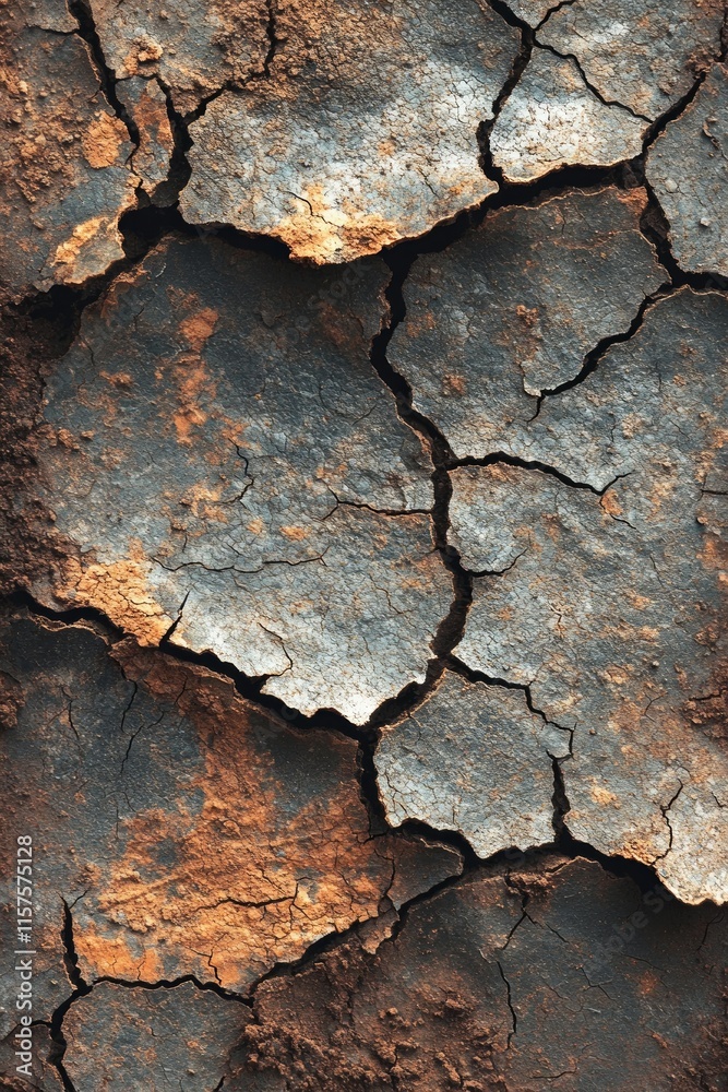 The surface reveals deep cracks and a mix of rusty colors, illustrating the effects of weathering and time in this rugged natural environment The surface reveals deep cracks and a mix of rusty colors, illustrating the effects of weathering and time in this rugged natural environment