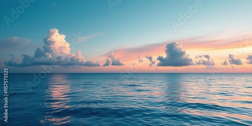 Serene Landscape of Calm Ocean Waves Reflecting Beautiful Clouds and Vibrant Colors During Sunrise in Tranquil Atmosphere
