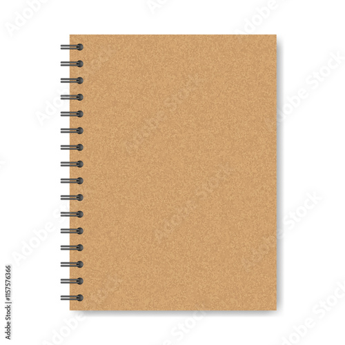 Mockup of a notebook with spiral. A5 format. Brown cover. Kraft paper or cardboard. Shiny metal binder clip. Mockup of a small book, diary, notepad. Copybook, sheets of paper with black binder