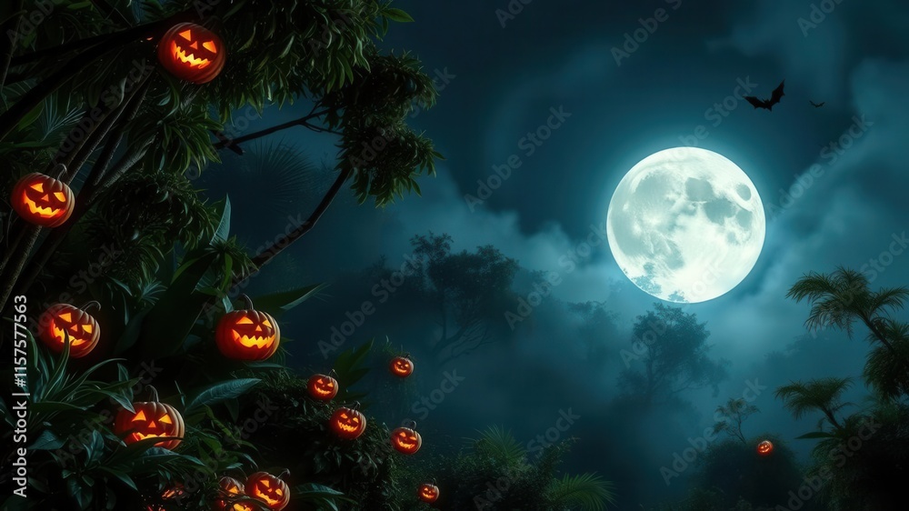 Fototapeta premium Spooky Halloween Night Scene with Glowing Jack-o'-Lanterns Illuminated Under Full Moon in Eerie Forest Setting with Mist and Shadows