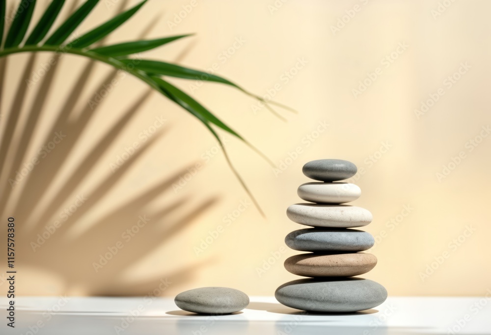 Stacked round stones form balanced display on white surface against beige backdrop. Palm leaf casts subtle shadow. Minimalist presentation suitable for cosmetic product promotion. Natural elements Stacked round stones form balanced display on white surface against beige backdrop. Palm leaf casts subtle shadow. Minimalist presentation suitable for cosmetic product promotion. Natural elements