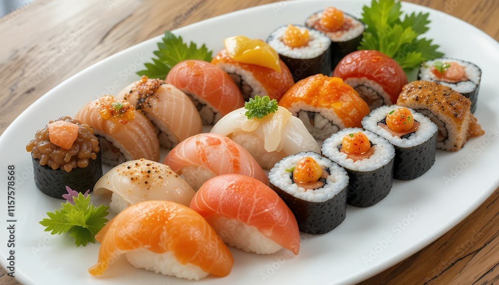 Vibrant Sushi Platter: A Colorful Array of Fresh Fish and Rice Rolls Vibrant Sushi Platter: A Colorful Array of Fresh Fish and Rice Rolls