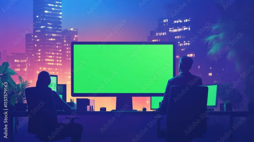 Obraz premium Computer, green screen and night with business people in office together for overtime deadline. Back, design and mockup space with employee or designer team in workplace for evening