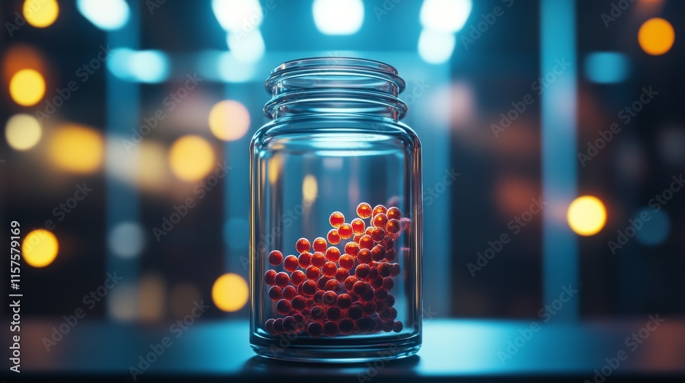 Vibrant red beads sparkle within a clear glass jar, illuminated by soft blue lights in a cozy studio Vibrant red beads sparkle within a clear glass jar, illuminated by soft blue lights in a cozy studio