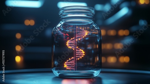Exploring the beauty of scientific discovery through an illuminated DNA strand in a glass jar within a high-tech laboratory