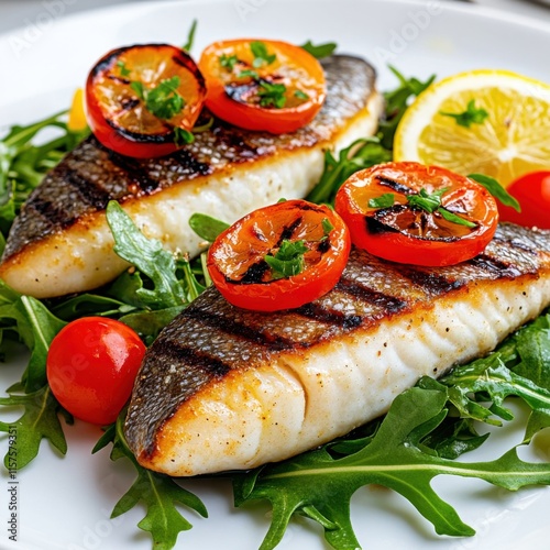 Grilled fish fillet with roasted tomatoes and lemon gourmet kitchen food indoor setting close-up shot culinary art photo