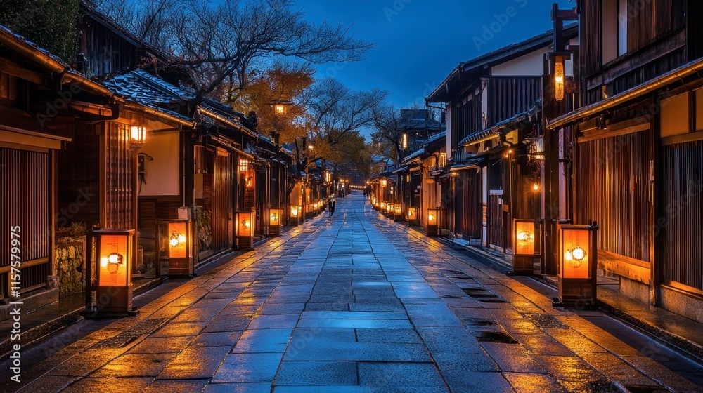Serene Evening Street Scene with Lanterns in Historic Japanese Town Serene Evening Street Scene with Lanterns in Historic Japanese Town