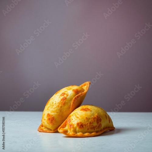Two crispy fried empanadas on a table, isolated.