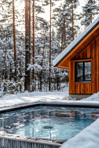 Relaxing winter retreat with a hot tub amidst snowy forest scenery photo