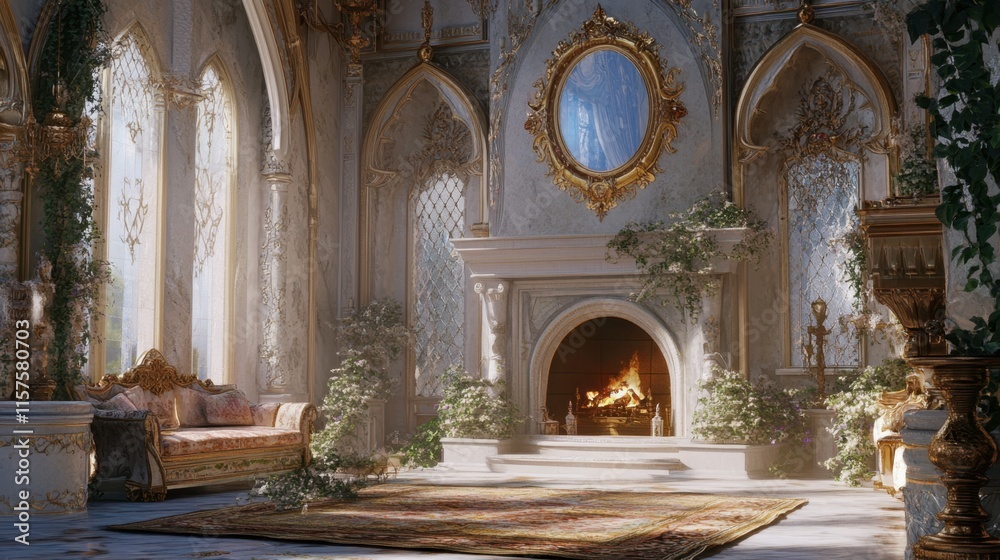 Obraz premium Elegant Luxurious Interior of an Opulent Living Room with Fireplace