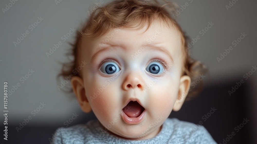 Adorable baby expressing astonishment in a cozy indoor setting while wearing a soft grey outfit Adorable baby expressing astonishment in a cozy indoor setting while wearing a soft grey outfit