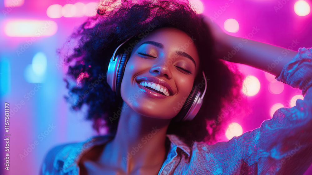 Fototapeta premium A joyful woman dances gracefully while enjoying music through headphones in a vibrant, colorful atmosphere during the evening