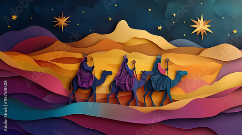 Paper cut art of three wise kings melchior, caspar and balthasar, riding camels following the star of bethlehem. epiphany celebration. episode of bible. digital painting. Epiphany. Illustration photo