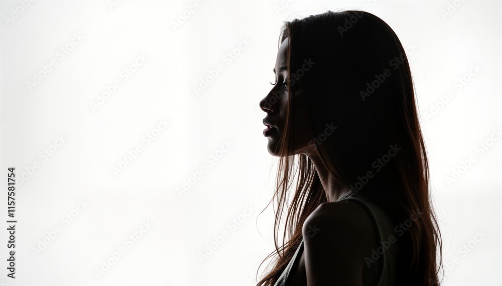 Naklejka premium African American woman with long hair poses against white background. Silhouette style portrait. Mysterious and elegant. Studio shot. Focus on beauty and fashion. Elegance and style.