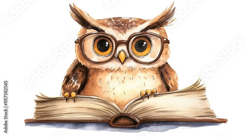 A watercolor artwork in PNG format of a charming owl with glasses reading a book, isolated on a clear background 