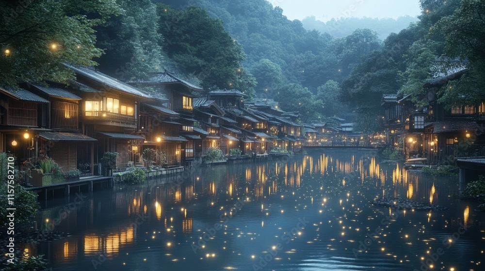 Serene Night Scene of Traditional Houses by Tranquil Waterway Serene Night Scene of Traditional Houses by Tranquil Waterway