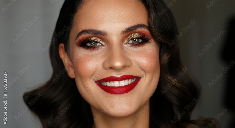 Confident young caucasian woman smiling with vibrant makeup and wavy hair Confident young caucasian woman smiling with vibrant makeup and wavy hair