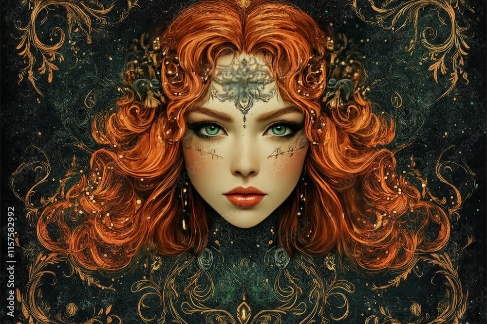 A captivating portrait depicting a mythical figure embodying ancient Irish legends. The figure features striking red hair, unique markings on the face, and an aura of magic and mystery A captivating portrait depicting a mythical figure embodying ancient Irish legends. The figure features striking red hair, unique markings on the face, and an aura of magic and mystery