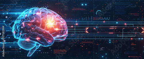 A stylized image of a human brain overlaid with a futuristic digital interface, symbolizing the intersection of neuroscience and technology. photo