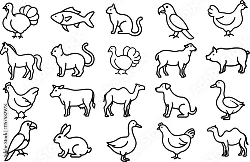 A set of line art illustrations depicting various domestic animals, including a cow, cat, rabbit, fish, parrot, camel, duck, chicken, sheep, pig, horse, and turkey. 