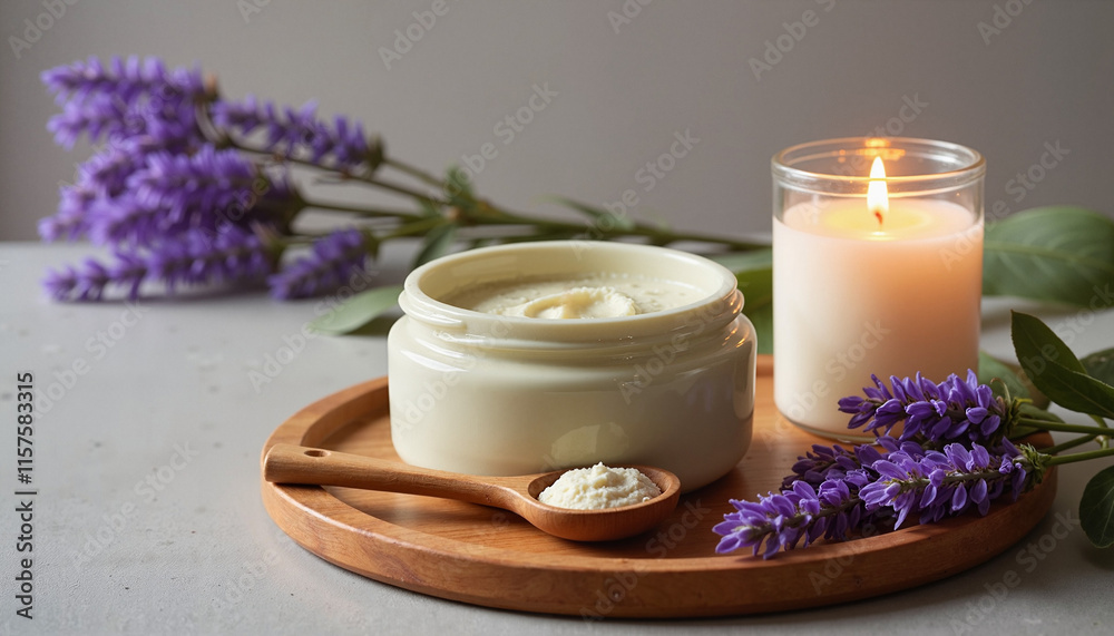 Scented candle and cream in a jar on a wooden tray with fresh purple flowers and a spoonful of powder Scented candle and cream in a jar on a wooden tray with fresh purple flowers and a spoonful of powder