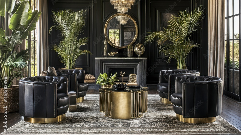 Obraz premium Elegant Living Room with Black and Gold Furniture and Tropical Decor