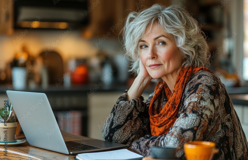 Fototapeta premium Senior woman working from home, thoughtful at kitchen desk