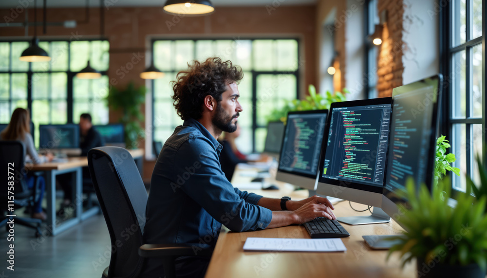 Man programmer works on computer in bright office. Intently looks at computer screens full of code. Multiple people work in office. Office modern, large windows. Developer working on software Man programmer works on computer in bright office. Intently looks at computer screens full of code. Multiple people work in office. Office modern, large windows. Developer working on software