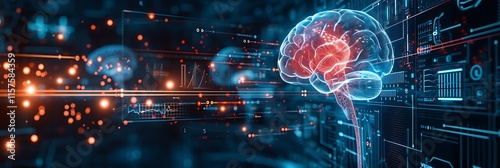 A 3D rendering of a human brain overlaid with a futuristic digital interface, symbolizing the intersection of neuroscience and technology. photo