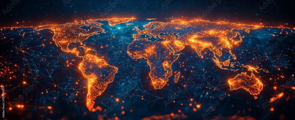 Glowing lines connect floating data nodes across a world map in an abstract visualization, representing futuristic global network connections and digital communication in international business. Glowing lines connect floating data nodes across a world map in an abstract visualization, representing futuristic global network connections and digital communication in international business.