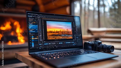 Laptop Displays Sunset Landscape Image Editing Software