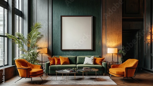 A poster frame hangs on the wall in a comfortable living room with a green sofa and orange chairs. retro, vintage, and mid-century interior design for homes. 