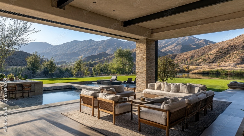 Obraz premium Modern Outdoor Living Space with Scenic Mountain View in Daylight