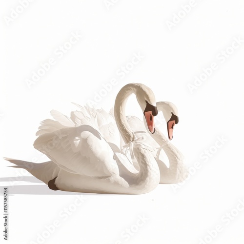 Two elegant swans sit gracefully together, showcasing their pristine white feathers against a bright, minimalist background. photo